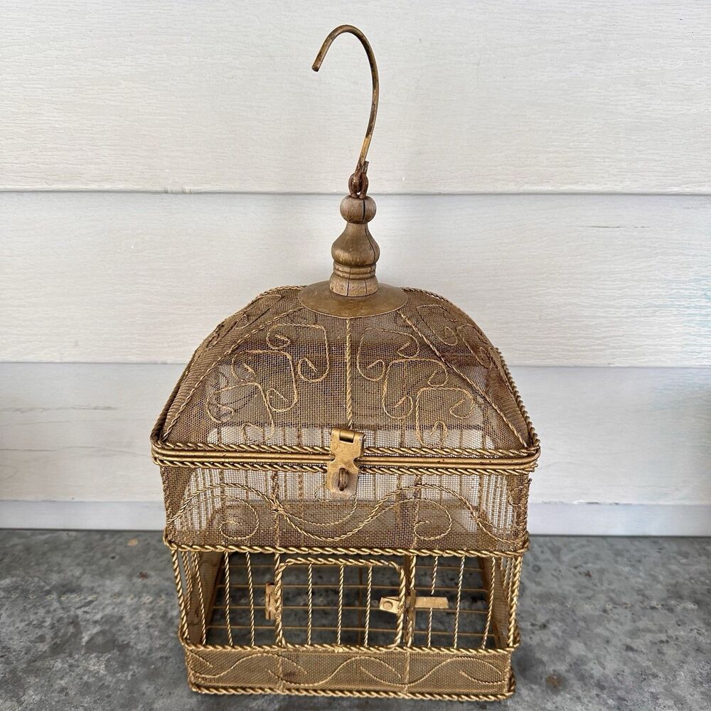 Vintage Gold Mesh Wire Decorative Bird Cage Plant Holder Card Box Victorian⁠